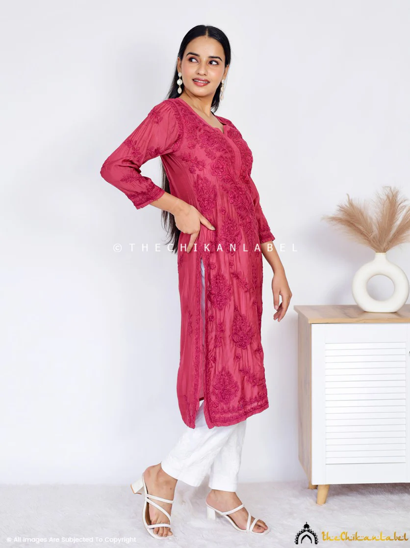Daksha Muslin Chikankari Straight Kurti - Maroon - Image 5