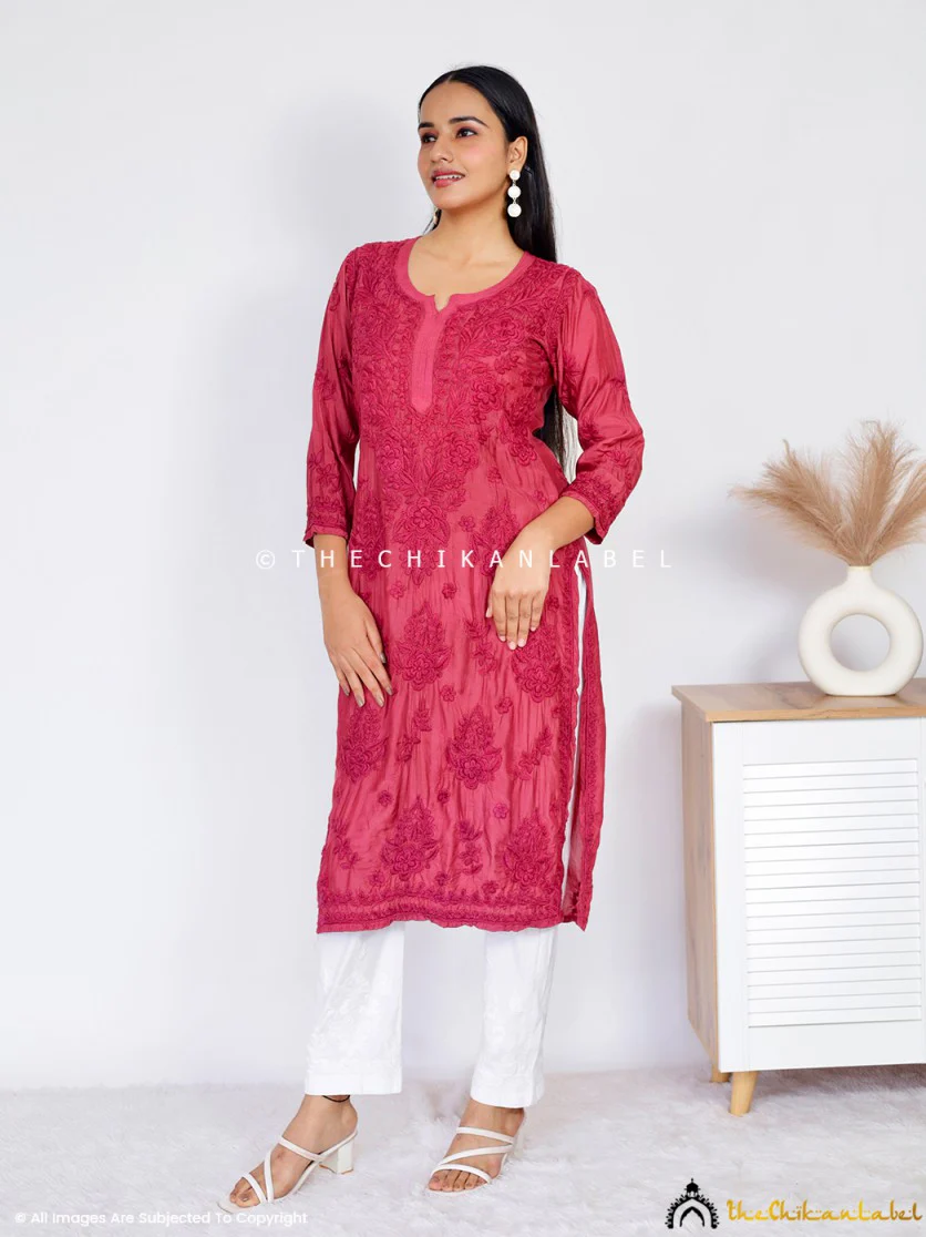Daksha Muslin Chikankari Straight Kurti - Maroon - Image 6