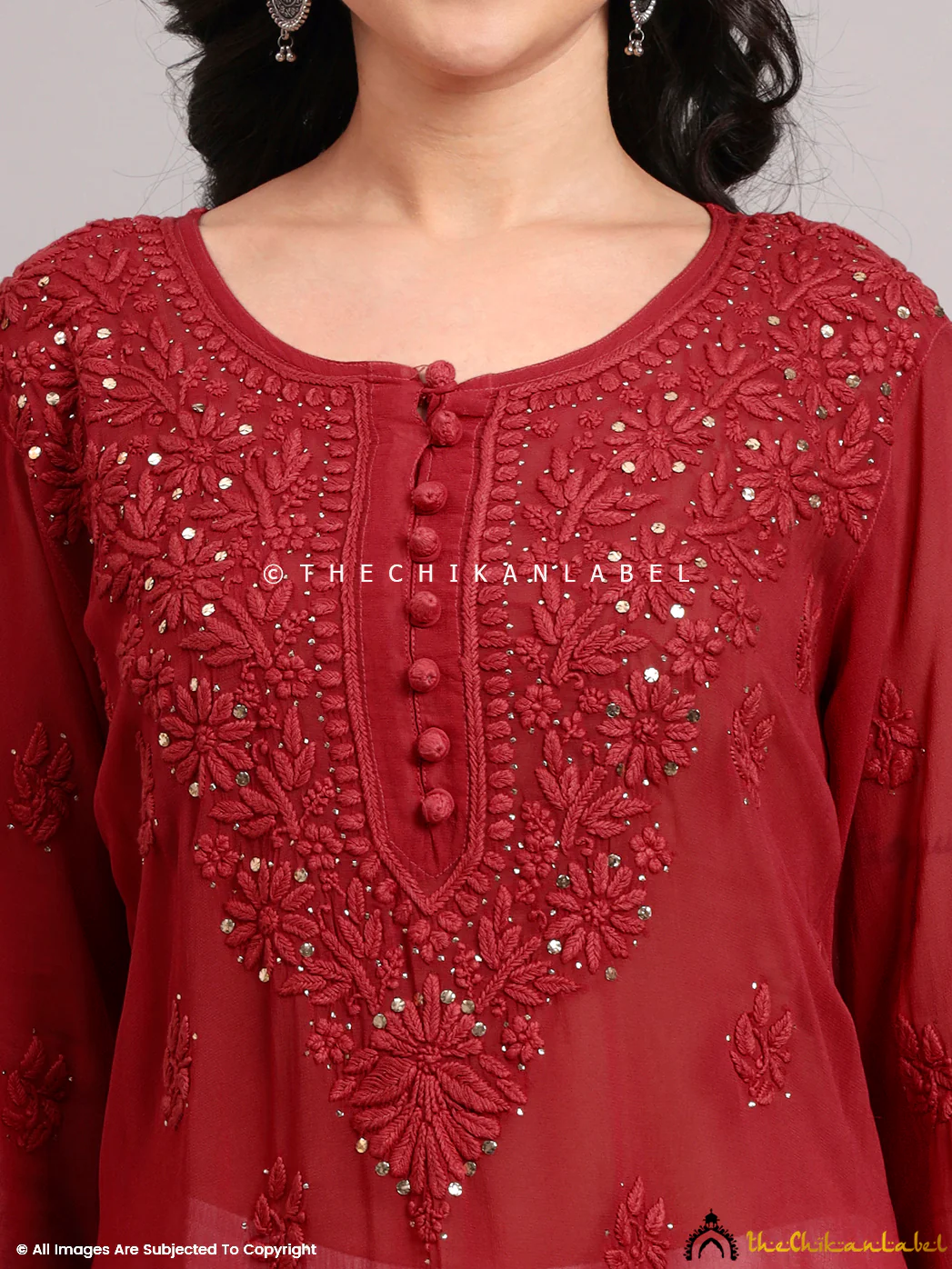Dhervi Viscose Chikankari Short Kurti - Maroon - Image 2