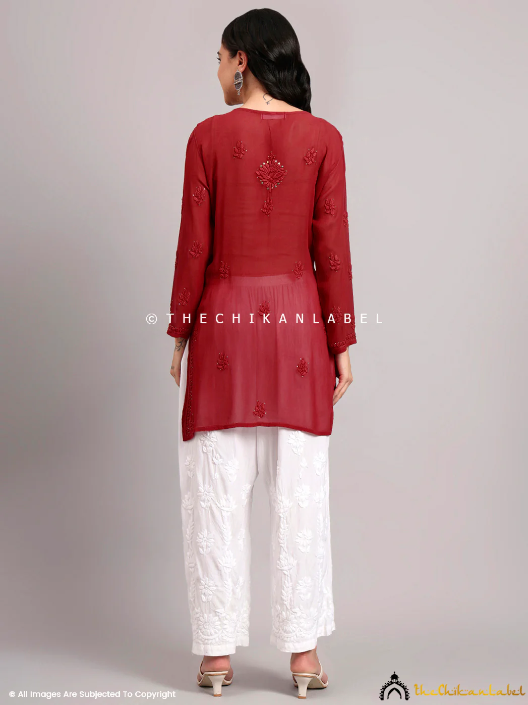 Dhervi Viscose Chikankari Short Kurti - Maroon - Image 3
