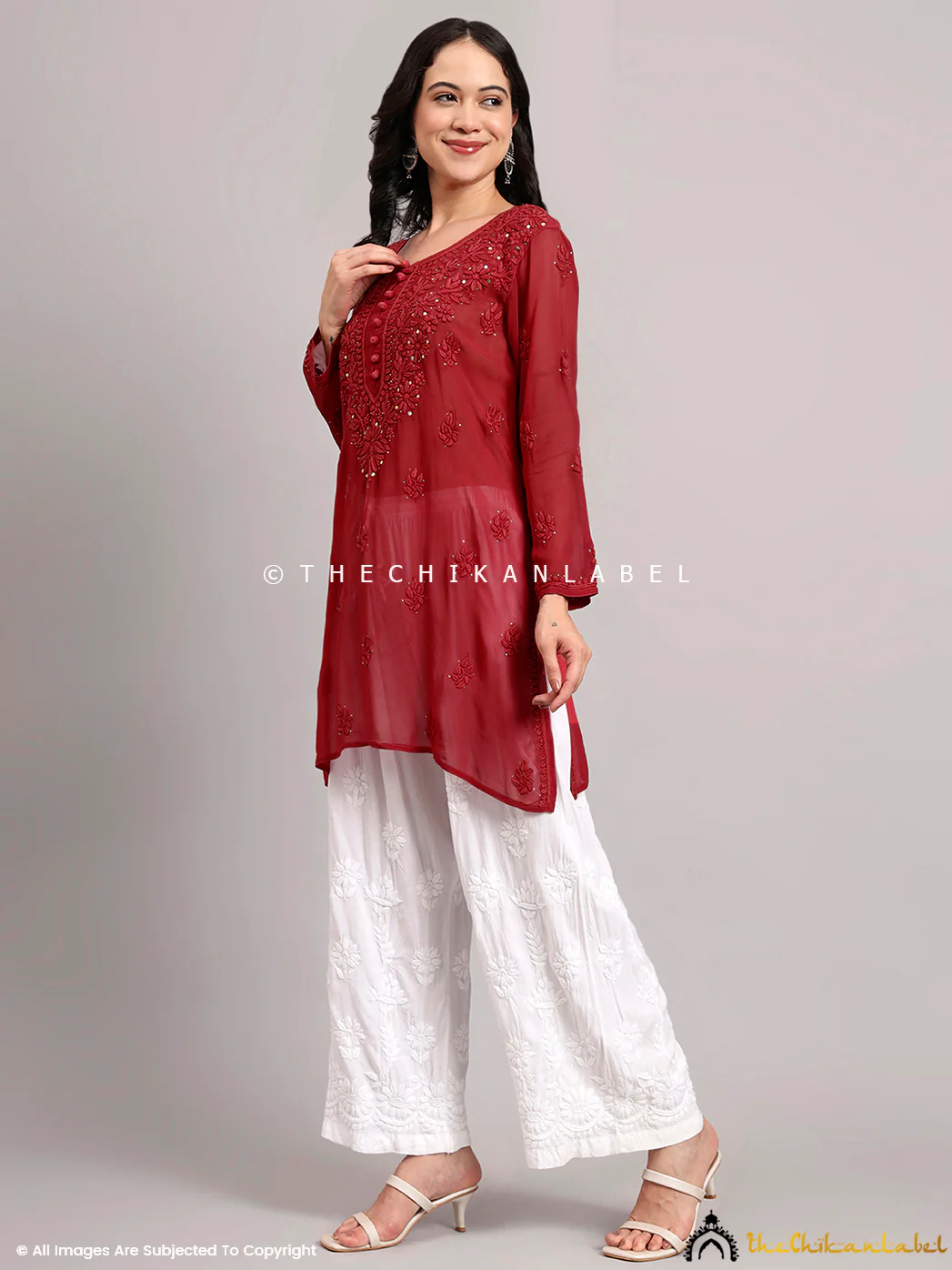 Dhervi Viscose Chikankari Short Kurti - Maroon - Image 4