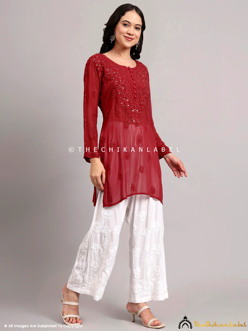 Dhervi Viscose Chikankari Short Kurti - Maroon - Image 5