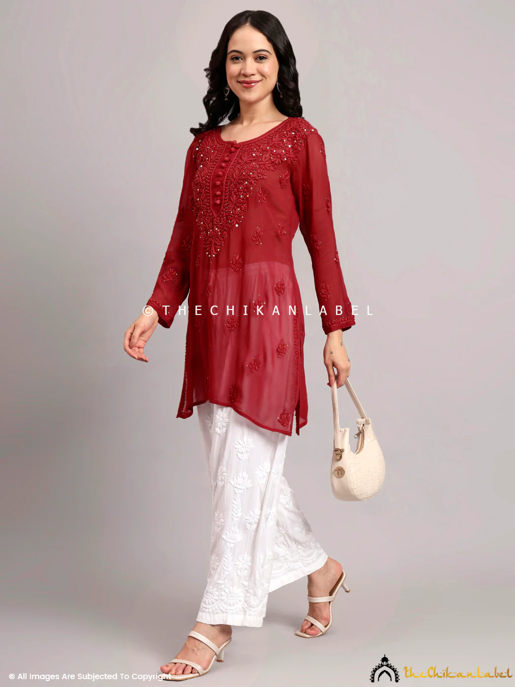 Dhervi Viscose Chikankari Short Kurti - Maroon - Image 6