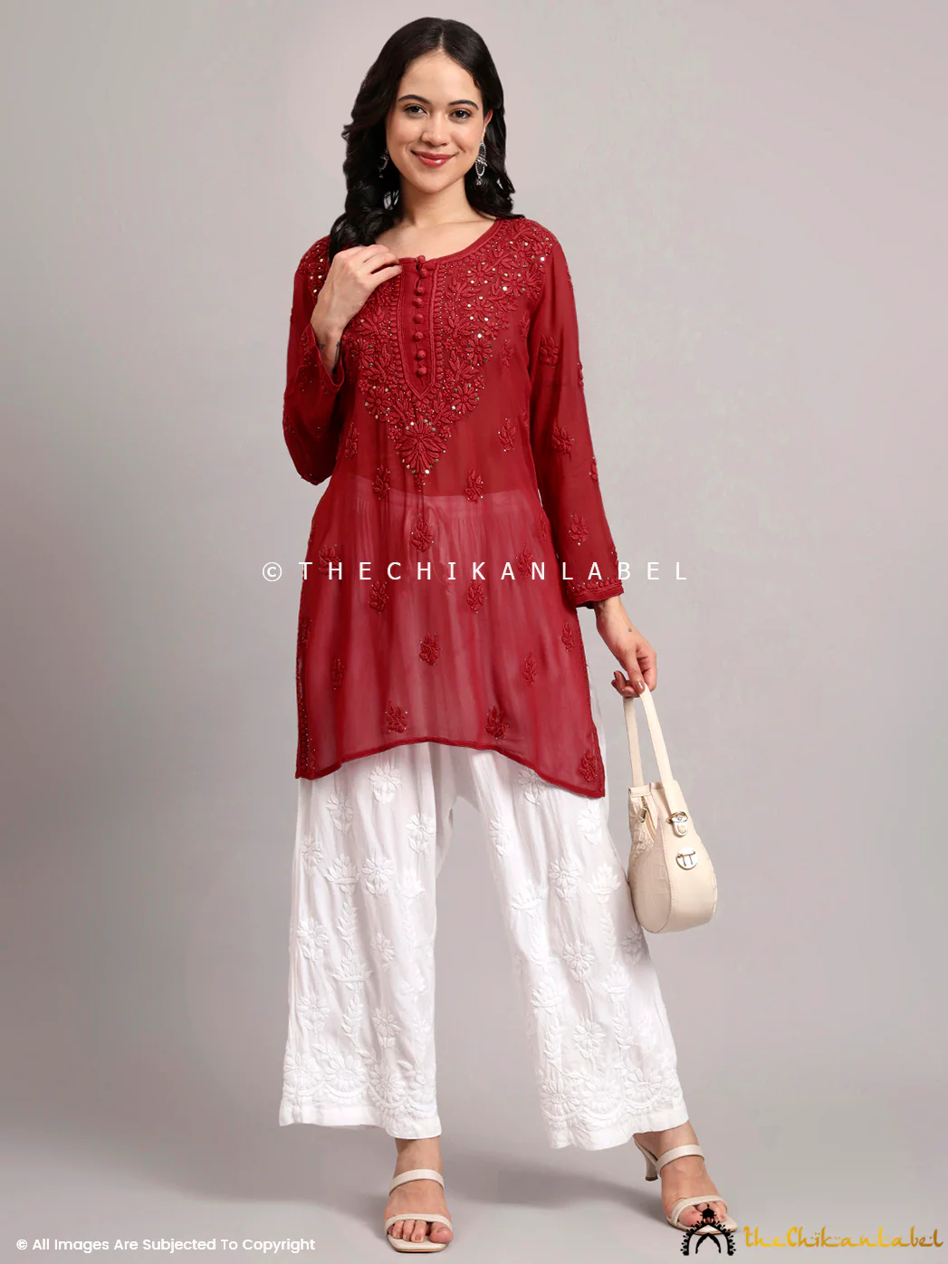 Dhervi Viscose Chikankari Short Kurti - Maroon - Image 7