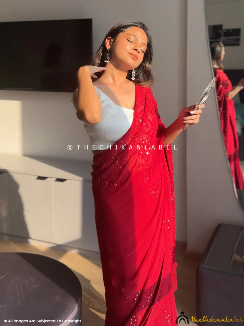 Maroon Heer Viscose Chikankari Saree - Image 3