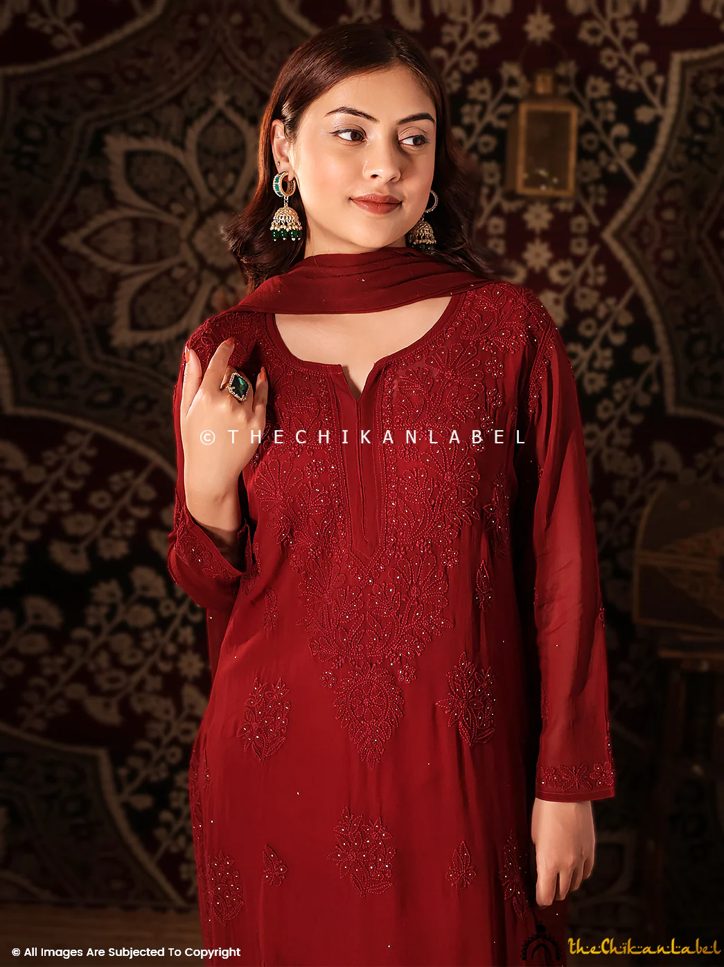 Maroon Noor Viscose Chikankari Straight Kurta Set with Dupatta - Image 2