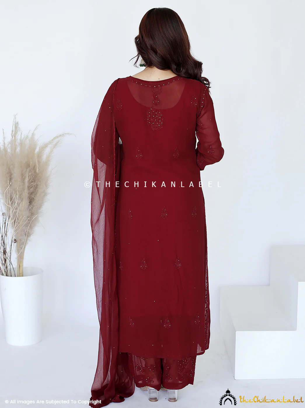 Maroon Noor Viscose Chikankari Straight Kurta Set with Dupatta - Image 3