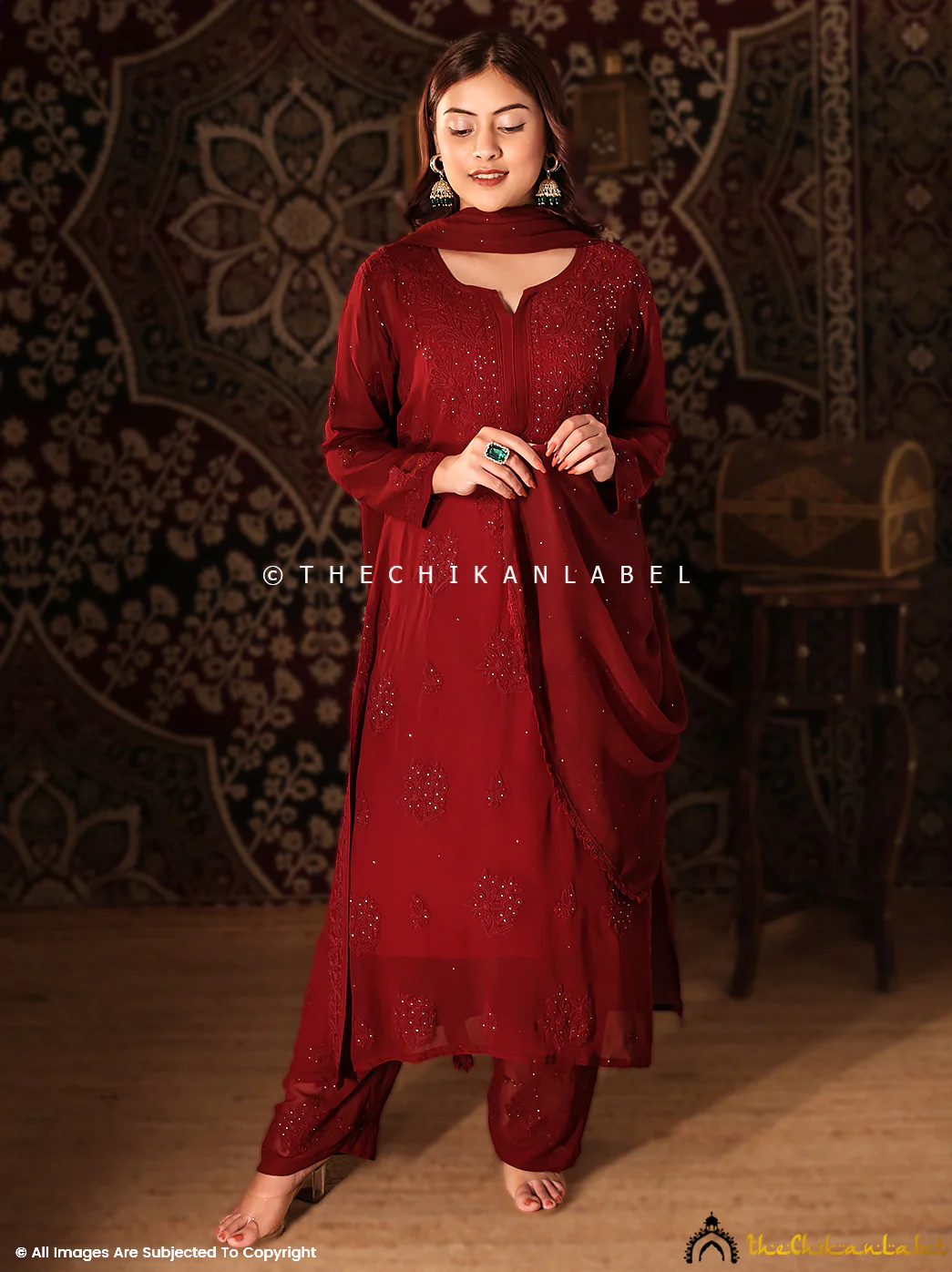Maroon Noor Viscose Chikankari Straight Kurta Set with Dupatta - Image 4