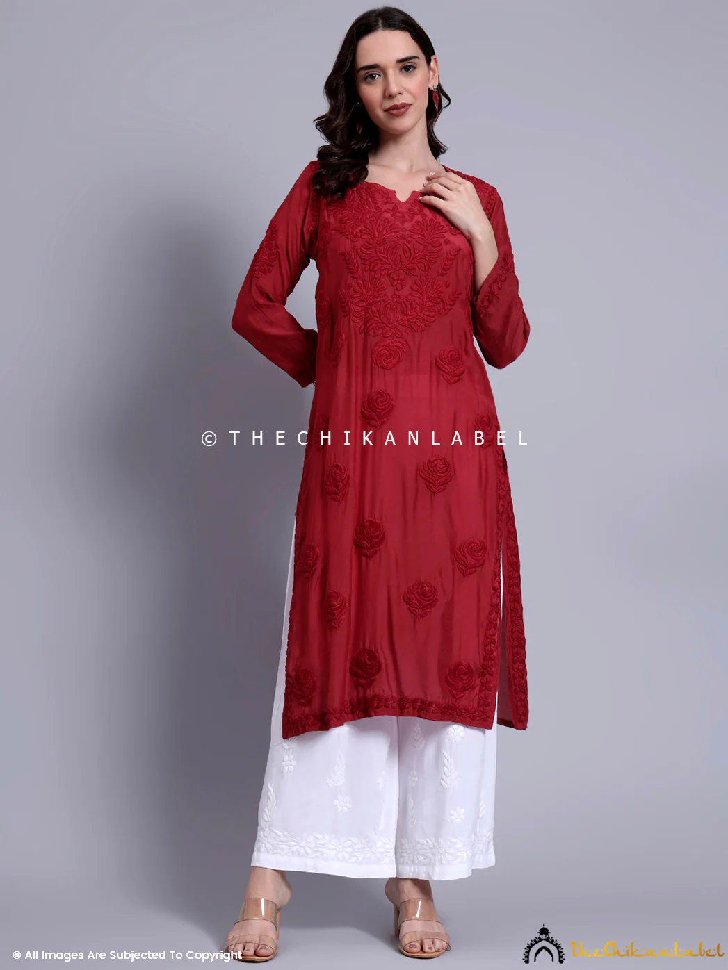 Sama Muslin Chikankari Straight Kurti - Maroon