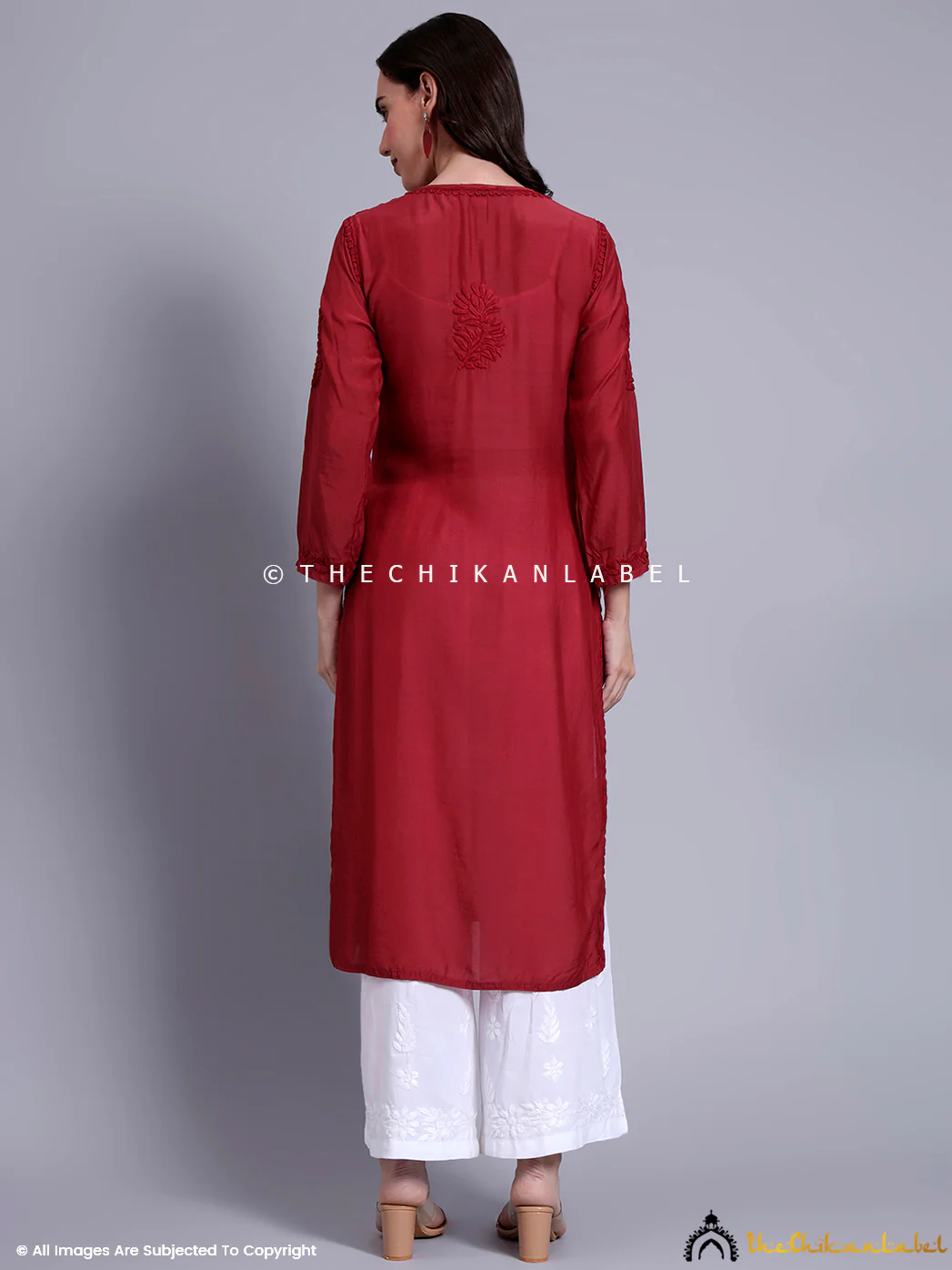 Sama Muslin Chikankari Straight Kurti - Maroon - Image 3