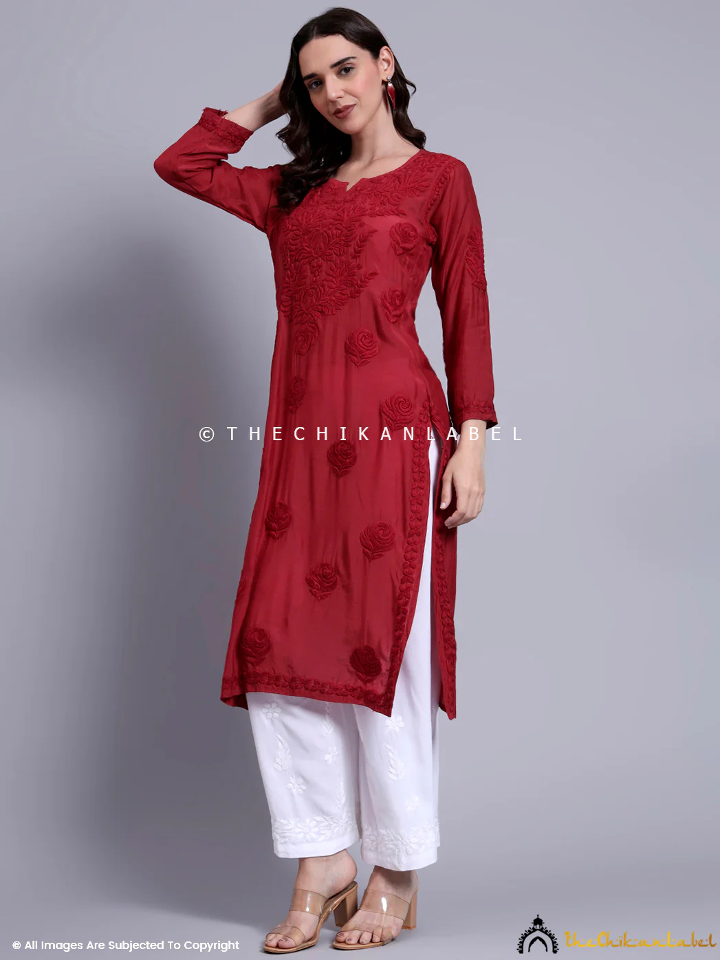 Sama Muslin Chikankari Straight Kurti - Maroon - Image 4