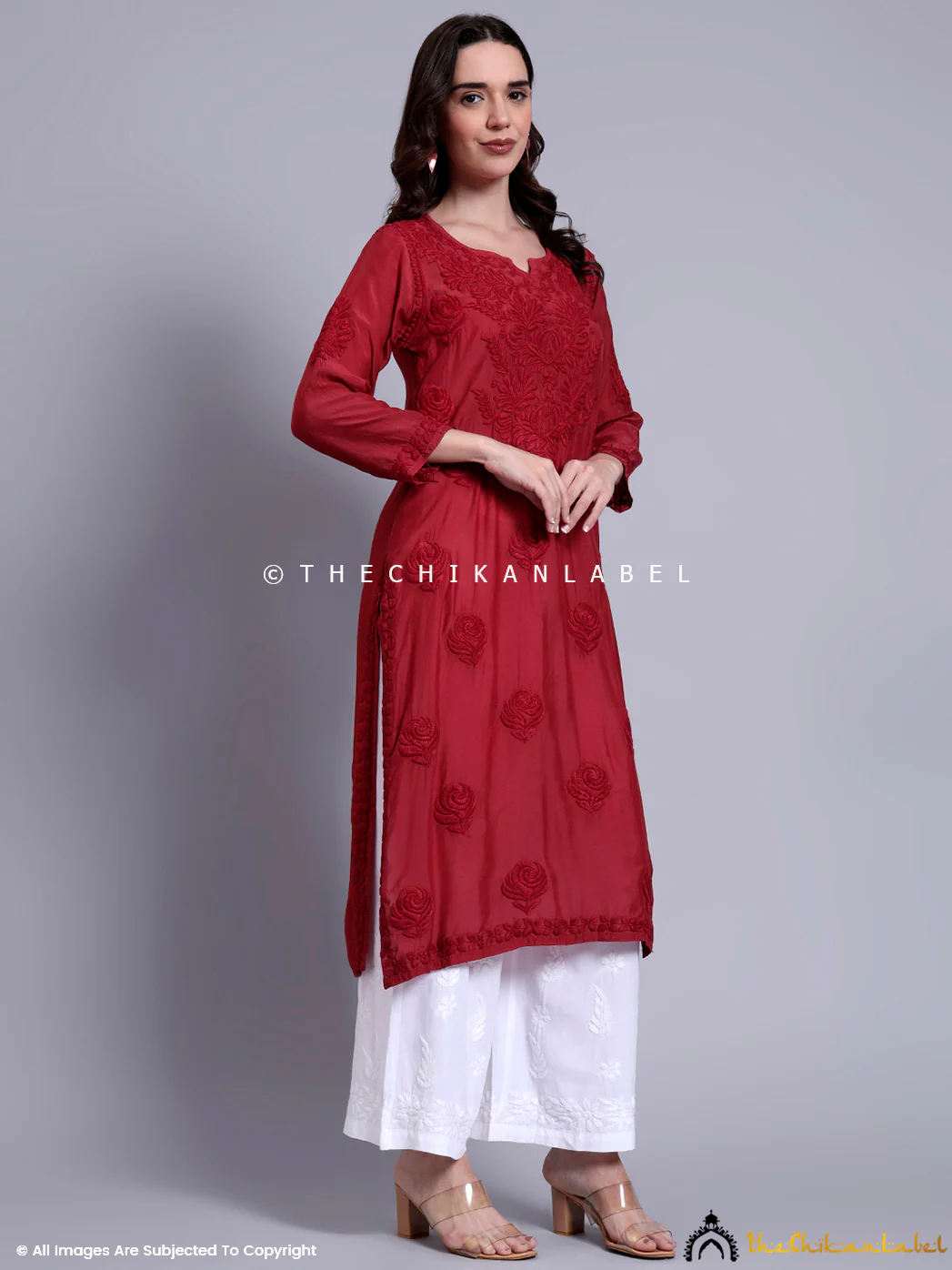 Sama Muslin Chikankari Straight Kurti - Maroon - Image 5