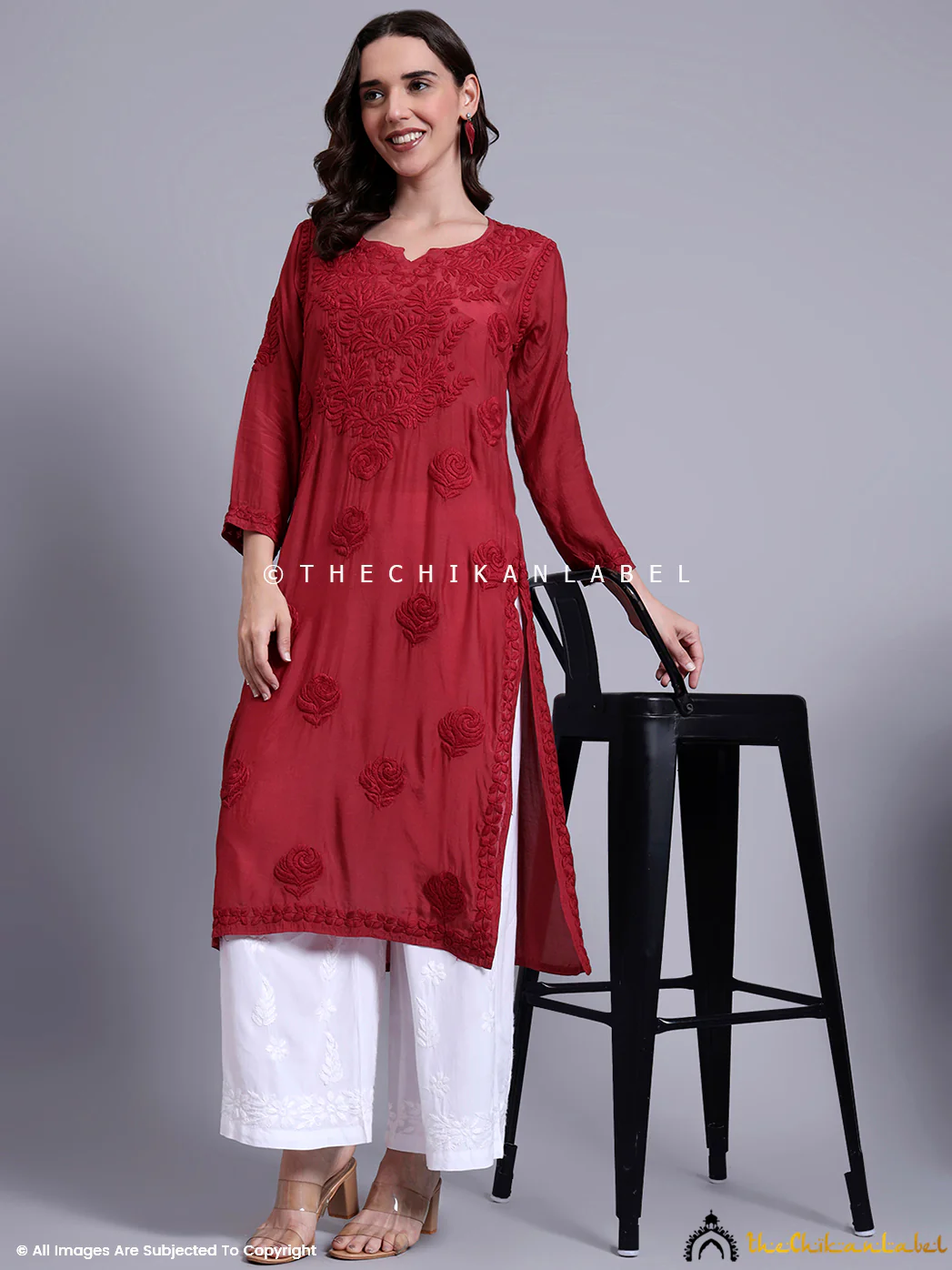 Sama Muslin Chikankari Straight Kurti - Maroon - Image 6