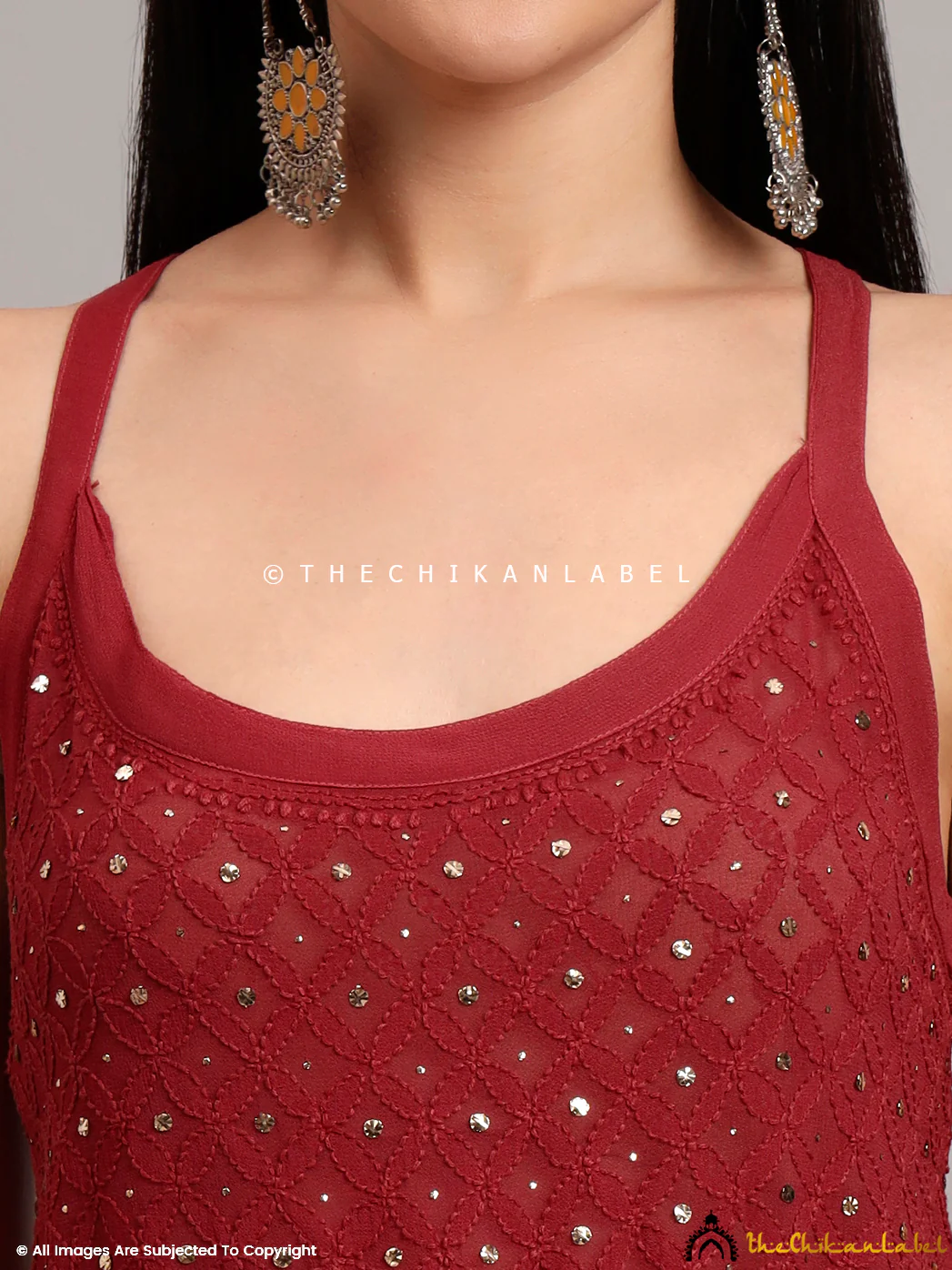 Zeenat Viscose Chikankari Noodle Strappy - Maroon - Image 2