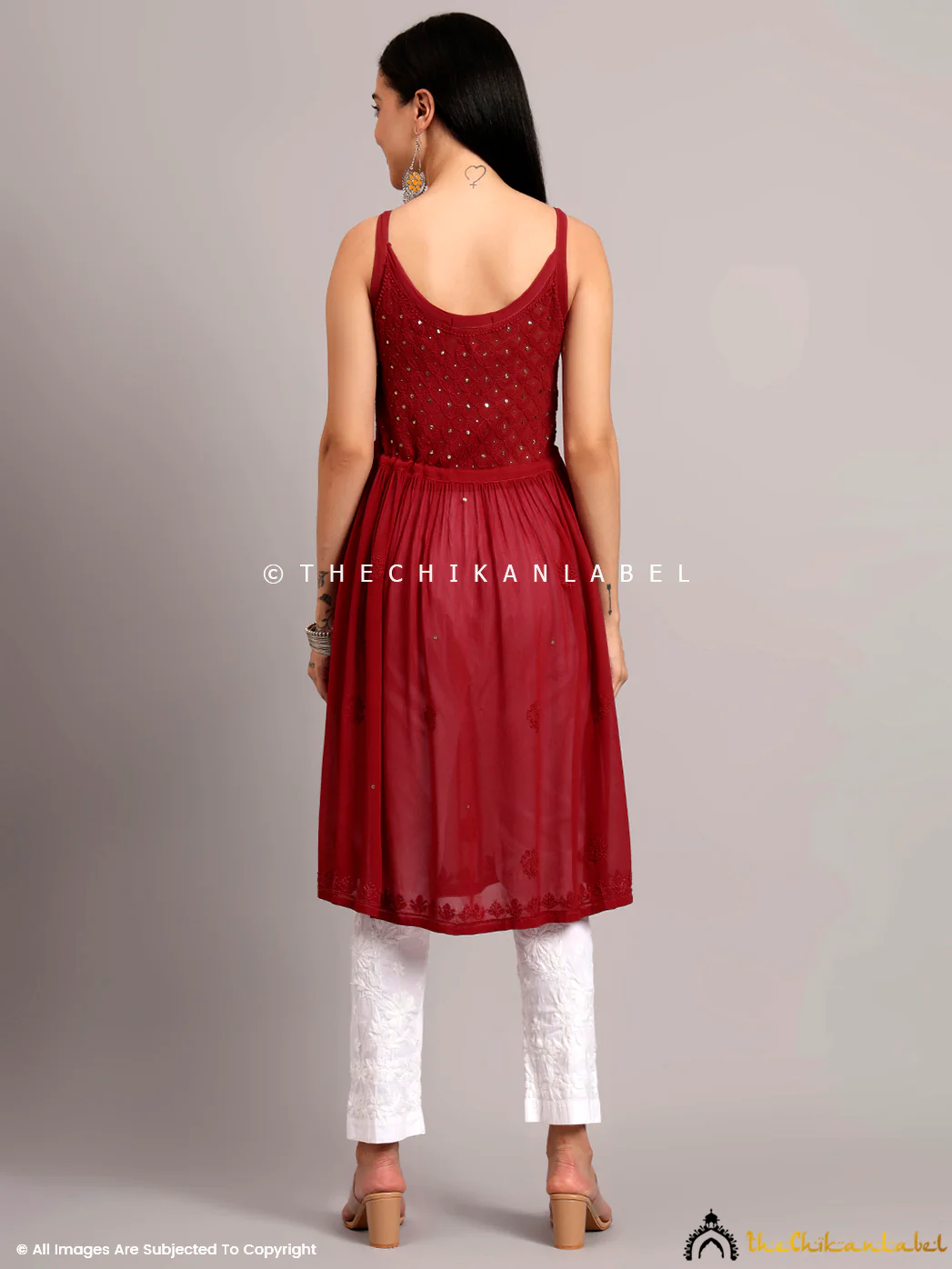 Zeenat Viscose Chikankari Noodle Strappy - Maroon - Image 3
