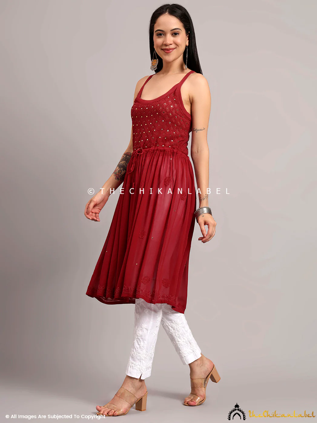 Zeenat Viscose Chikankari Noodle Strappy - Maroon - Image 4
