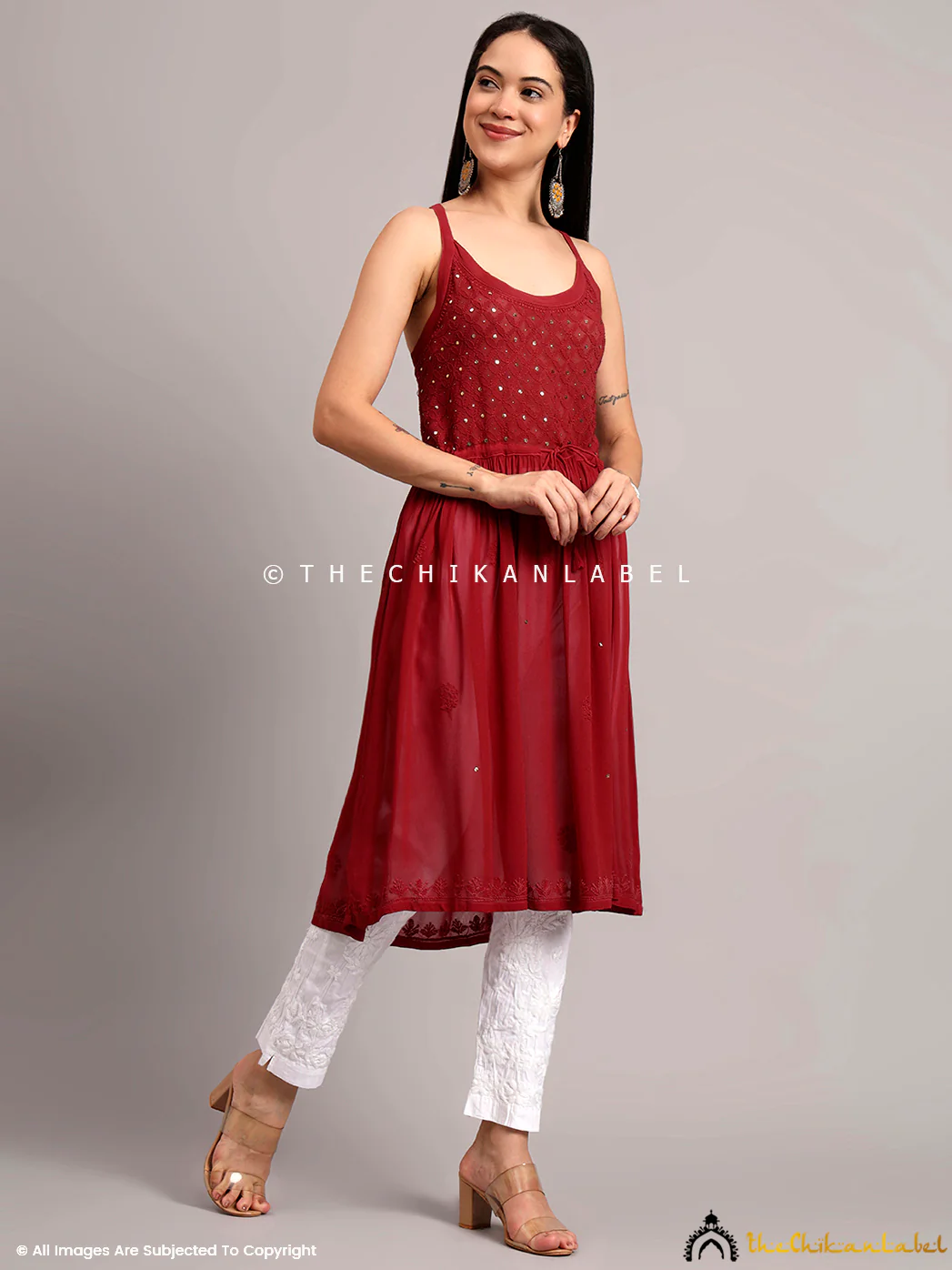 Zeenat Viscose Chikankari Noodle Strappy - Maroon - Image 5