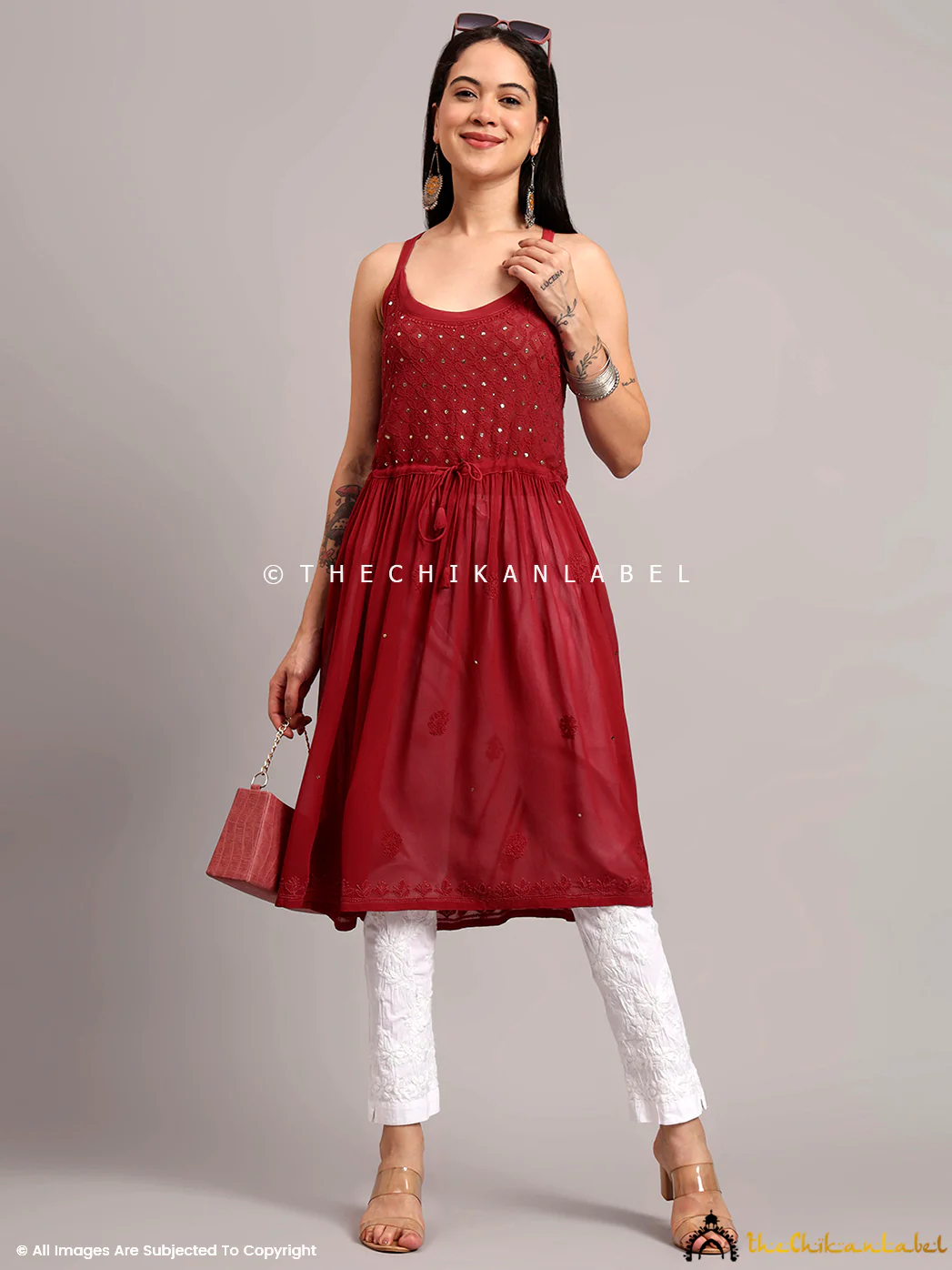 Zeenat Viscose Chikankari Noodle Strappy - Maroon - Image 6
