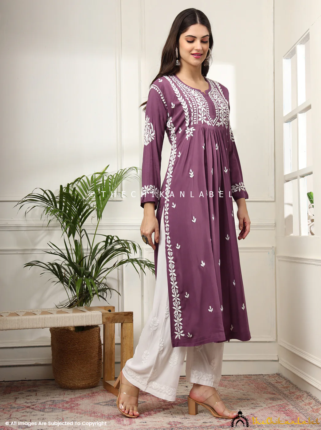 Aardhya Rayon Chikankari A-Line Kurti-  Mauve - Image 2