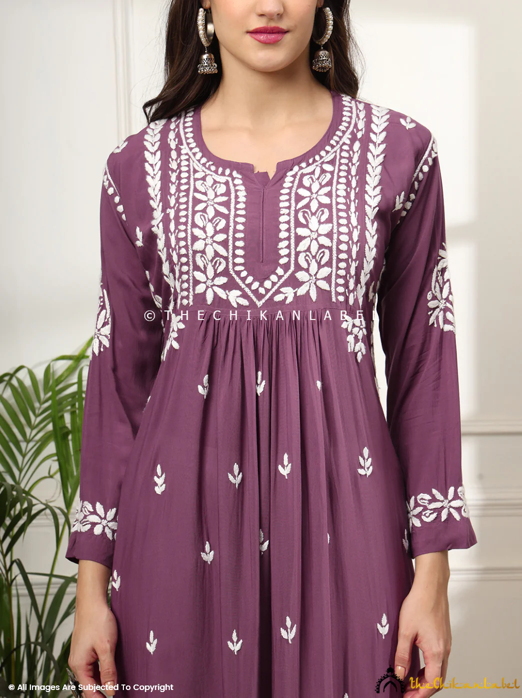 Aardhya Rayon Chikankari A-Line Kurti-  Mauve - Image 3