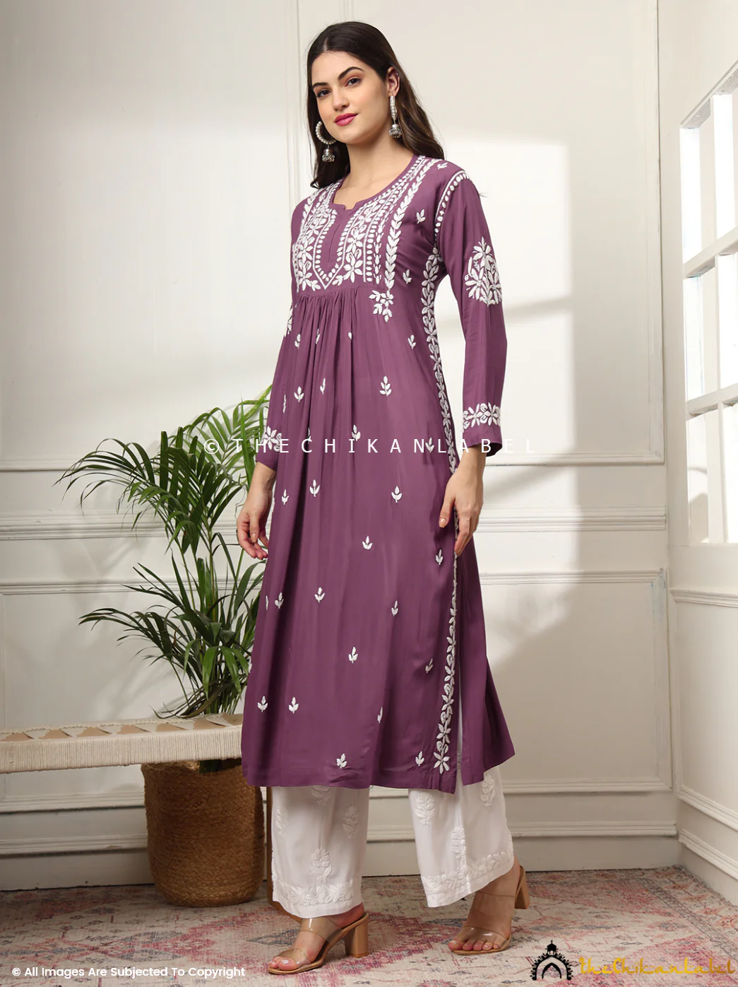 Aardhya Rayon Chikankari A-Line Kurti-  Mauve - Image 4