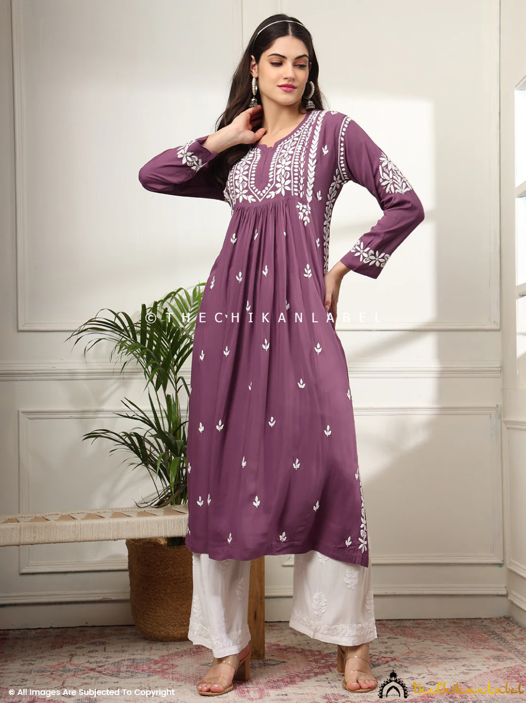 Aardhya Rayon Chikankari A-Line Kurti-  Mauve - Image 6
