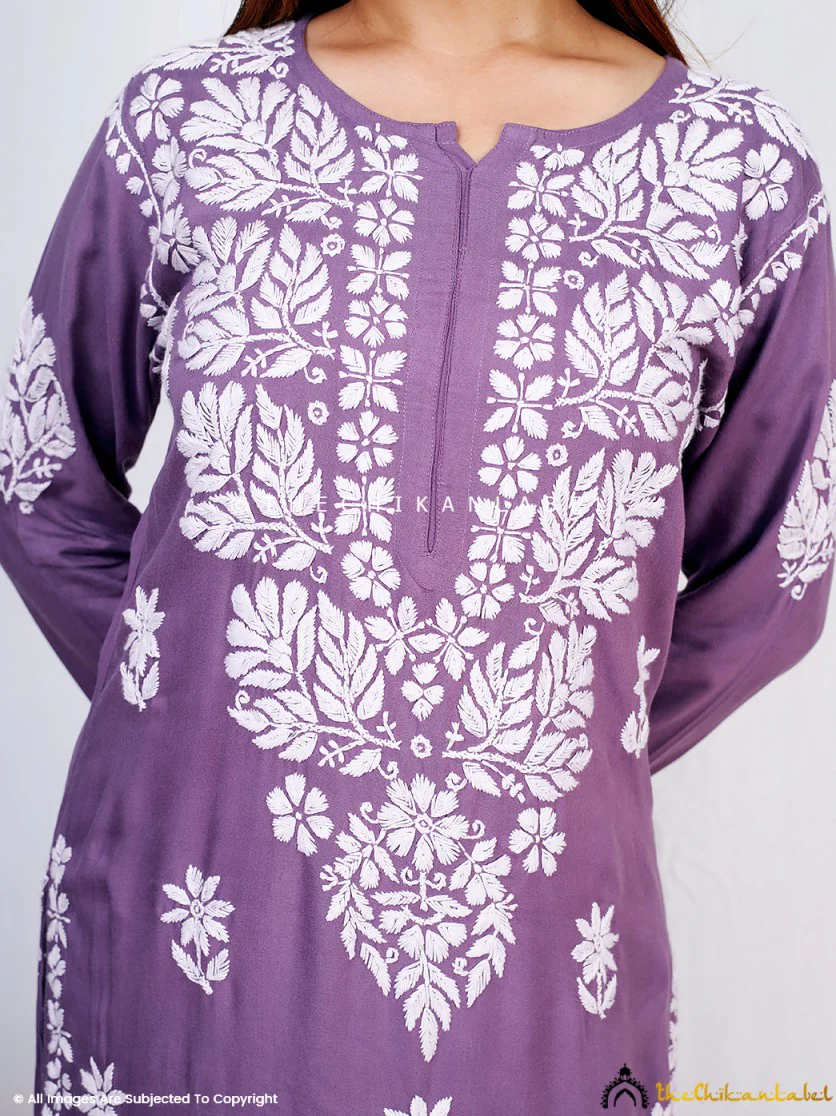 Mauve Binal Rayon Chikankari Straight Kurti - Image 2