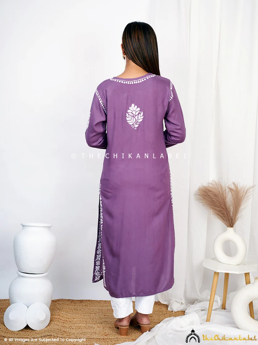 Mauve Binal Rayon Chikankari Straight Kurti - Image 3