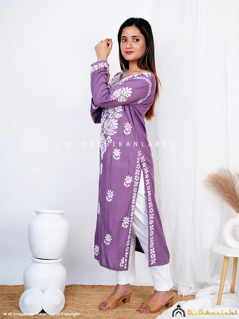 Mauve Binal Rayon Chikankari Straight Kurti - Image 4