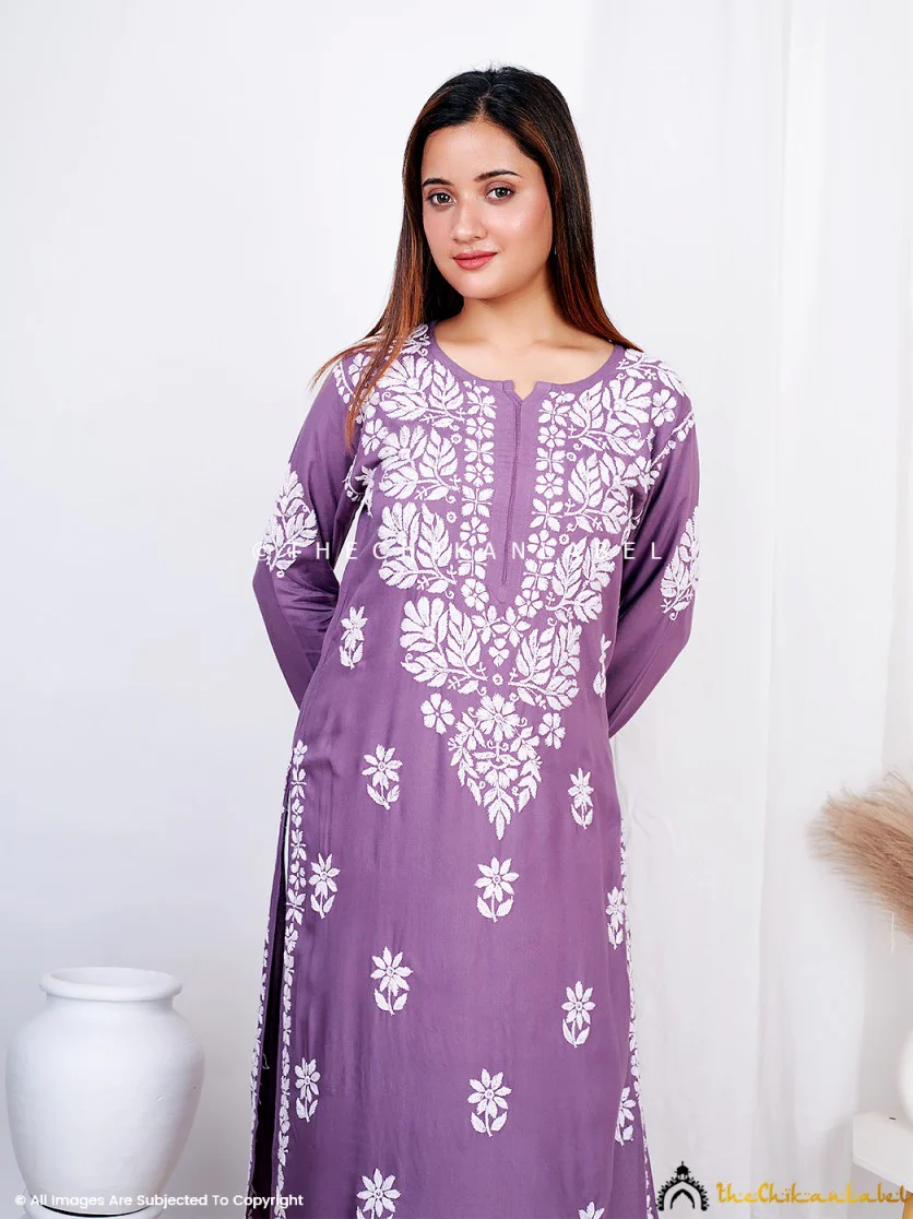 Mauve Binal Rayon Chikankari Straight Kurti - Image 5