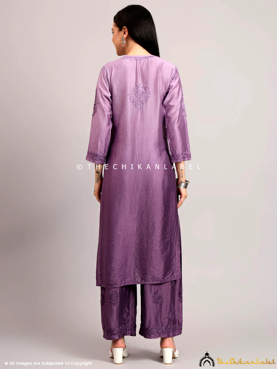 Gehna Chanderi Chikankari Kurti Palazzo Set - Mauve - Image 3