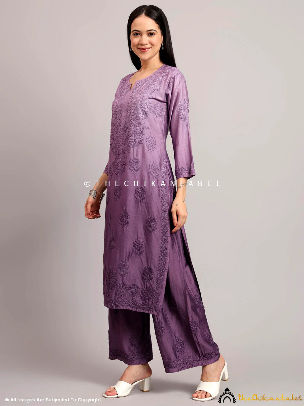 Gehna Chanderi Chikankari Kurti Palazzo Set - Mauve - Image 4