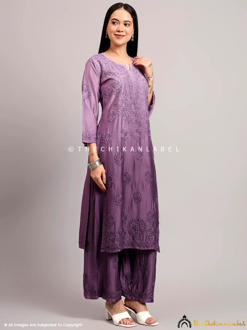 Gehna Chanderi Chikankari Kurti Palazzo Set - Mauve - Image 5