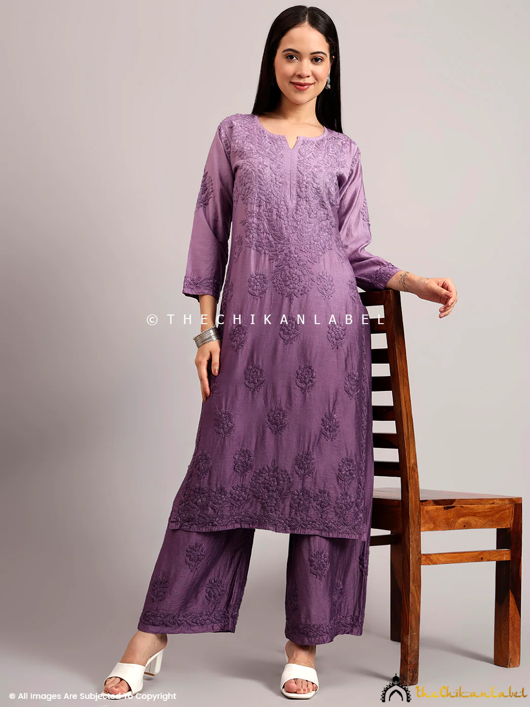 Gehna Chanderi Chikankari Kurti Palazzo Set - Mauve - Image 6