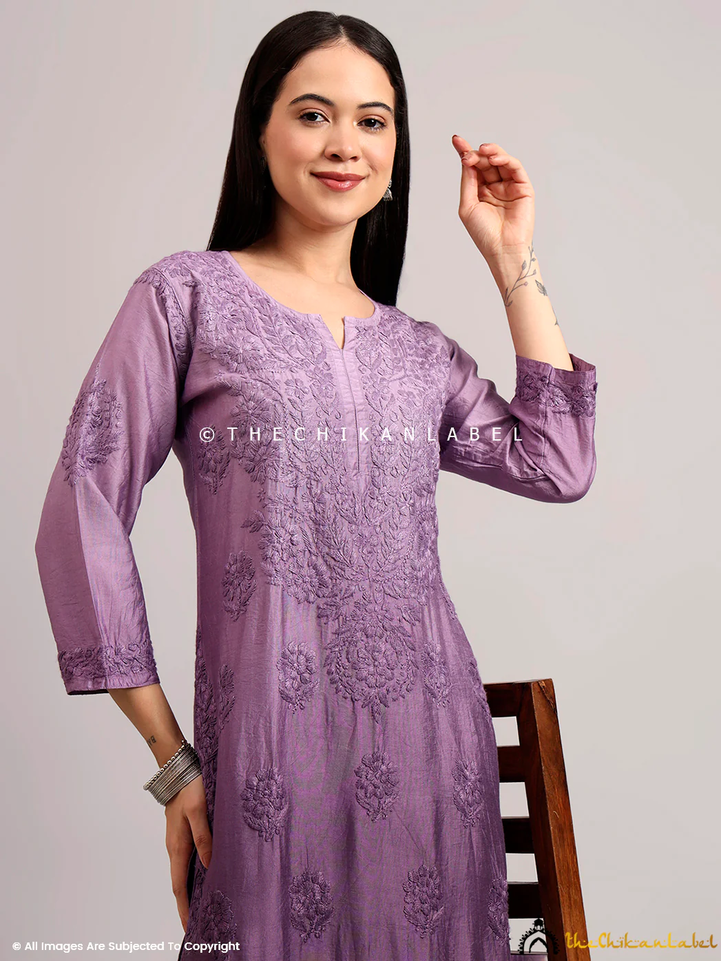 Gehna Chanderi Chikankari Kurti Palazzo Set - Mauve - Image 7