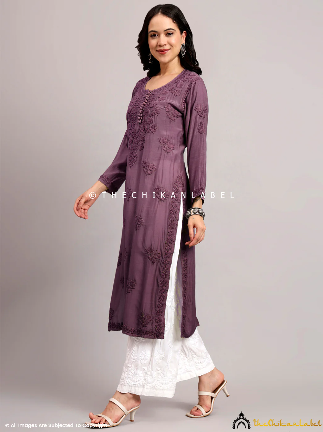 Jenika Muslin Chikankari Straight Kurti - Mauve - Image 4