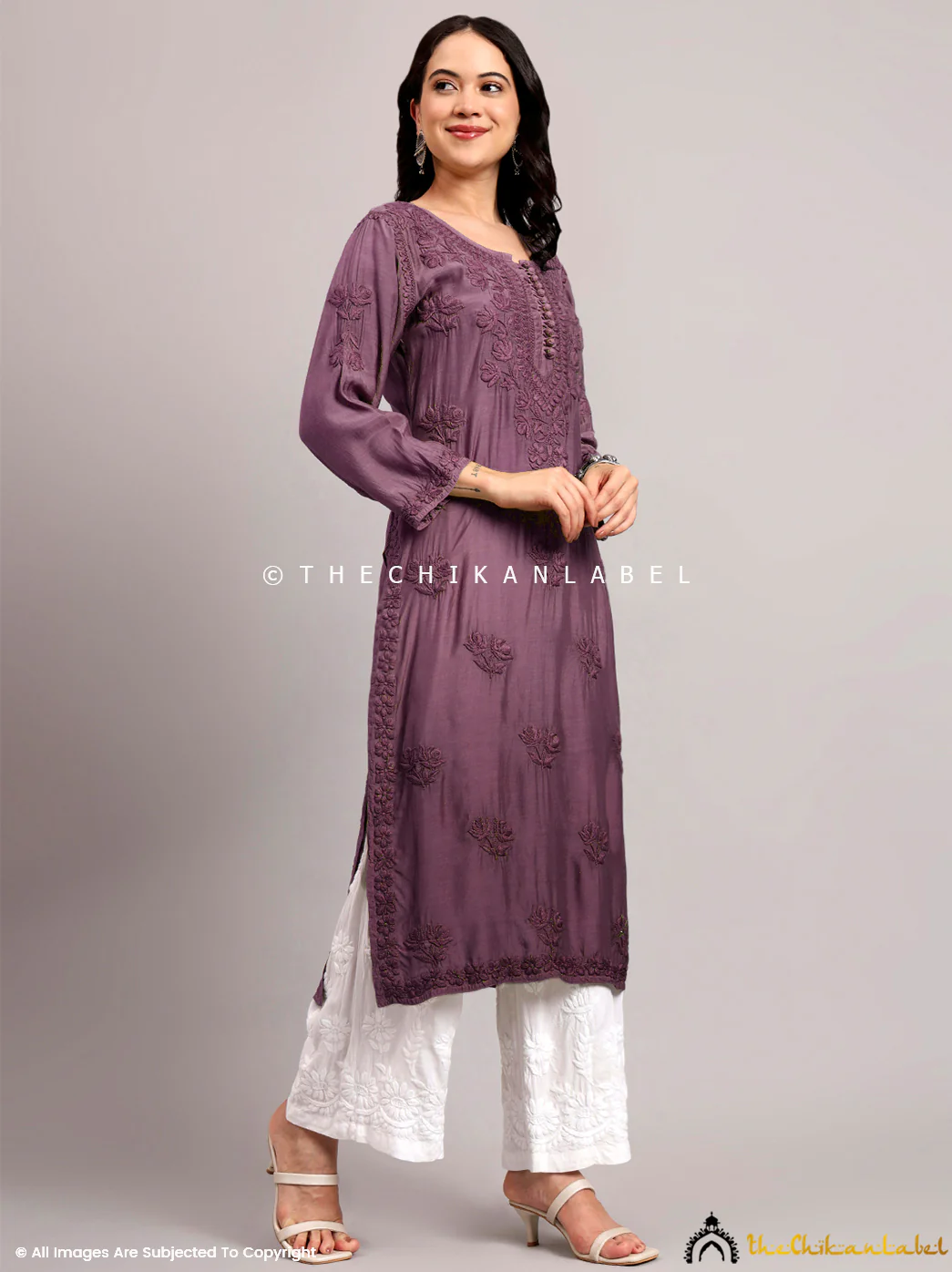 Jenika Muslin Chikankari Straight Kurti - Mauve - Image 5
