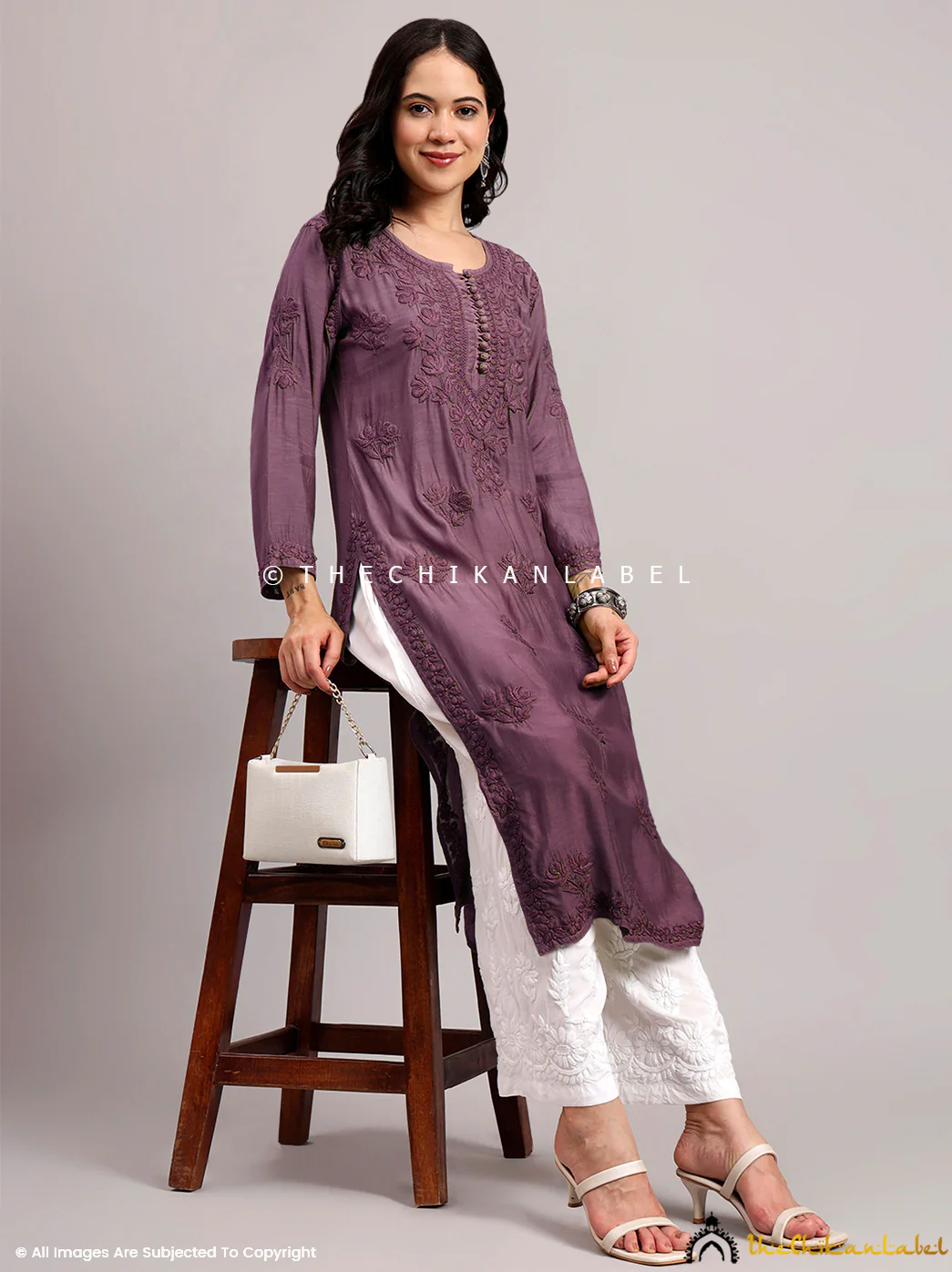Jenika Muslin Chikankari Straight Kurti - Mauve - Image 6