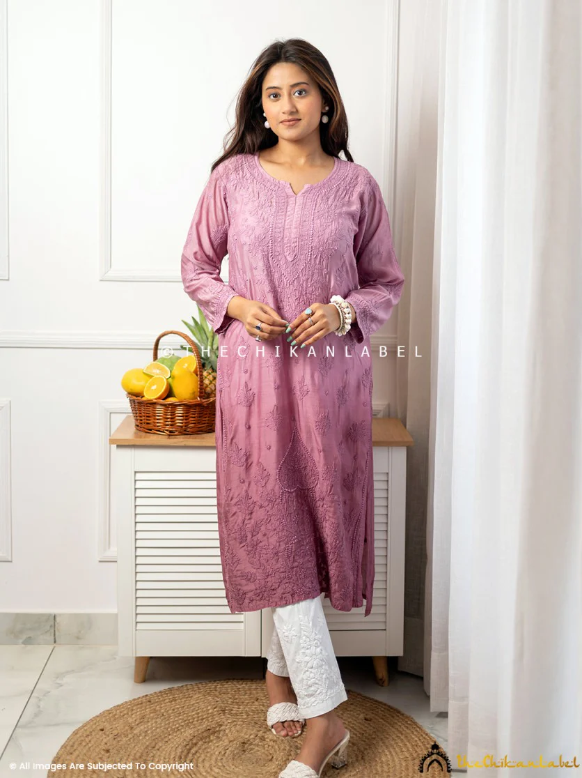 Jivika Muslin Chikankari Straight Kurti -Mauve