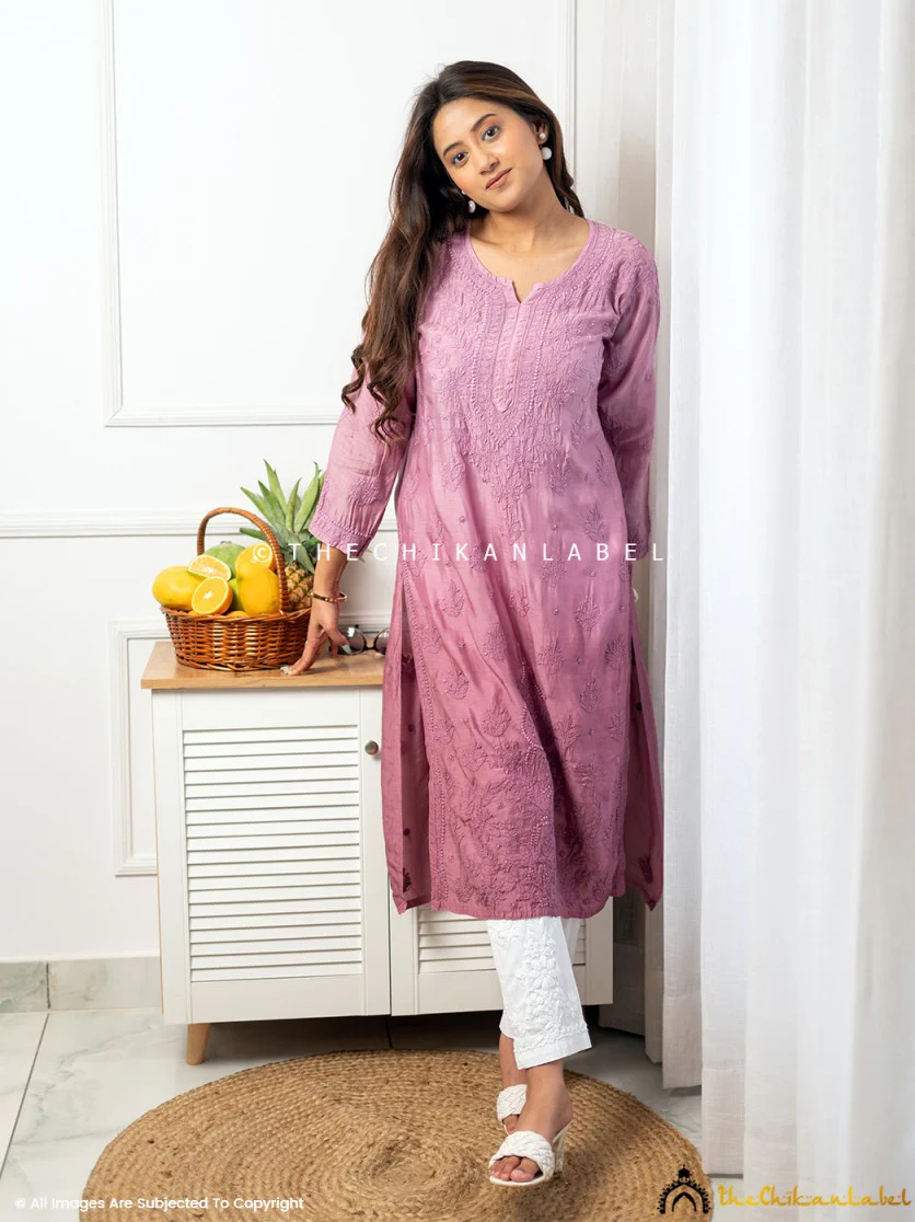 Jivika Muslin Chikankari Straight Kurti -Mauve - Image 5