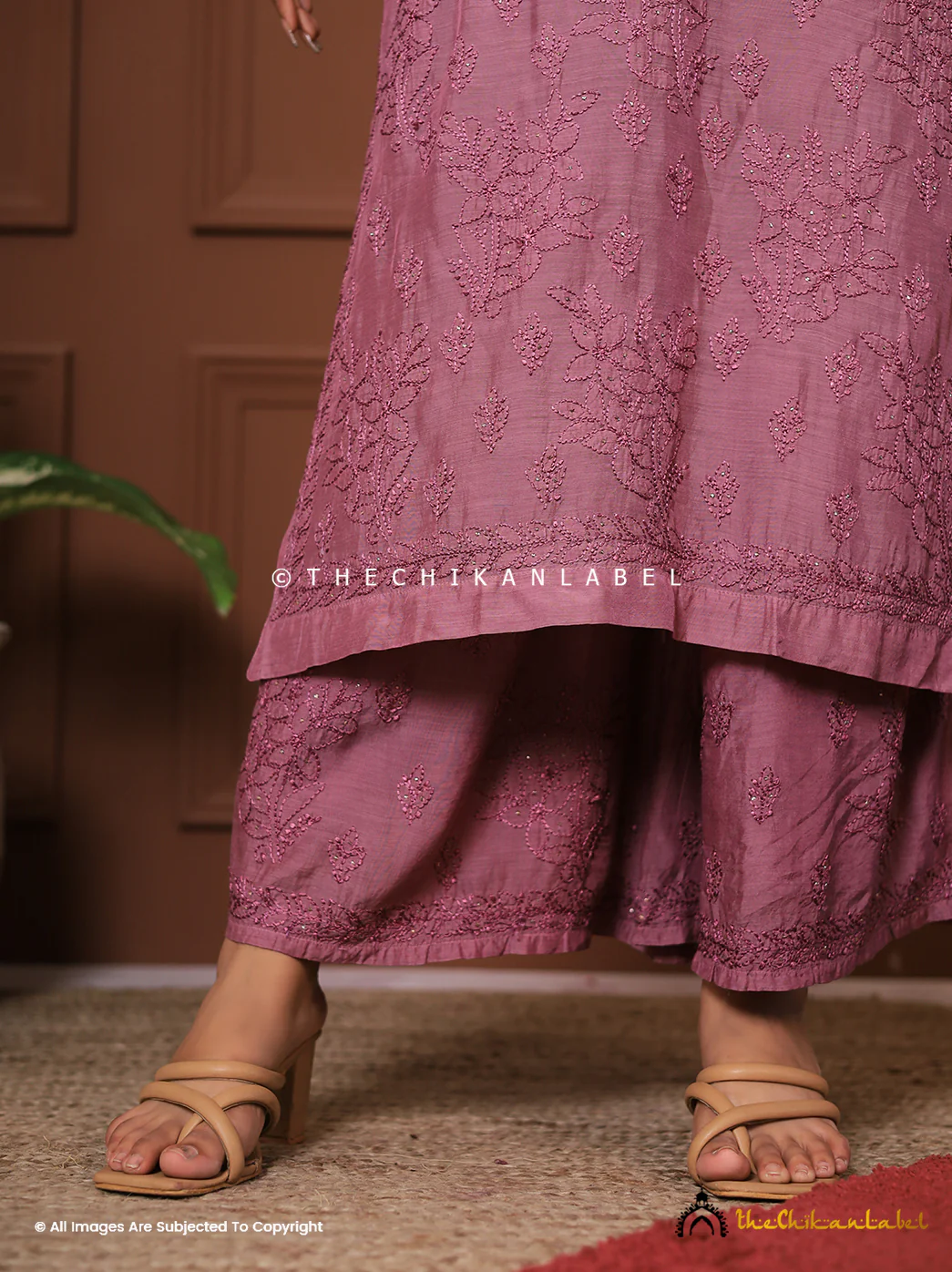 Karima Muslin Chikankari Straight Kurta Set with Dupatta-Mauve - Image 4