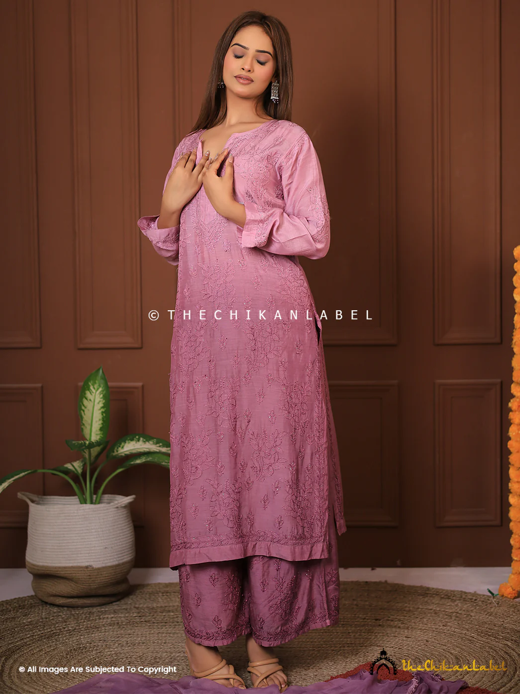 Karima Muslin Chikankari Straight Kurta Set with Dupatta-Mauve - Image 5