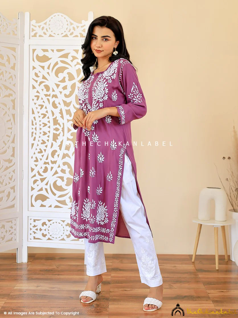 Mauve Masoom Modal Chikankari Straight Kurti - Image 4