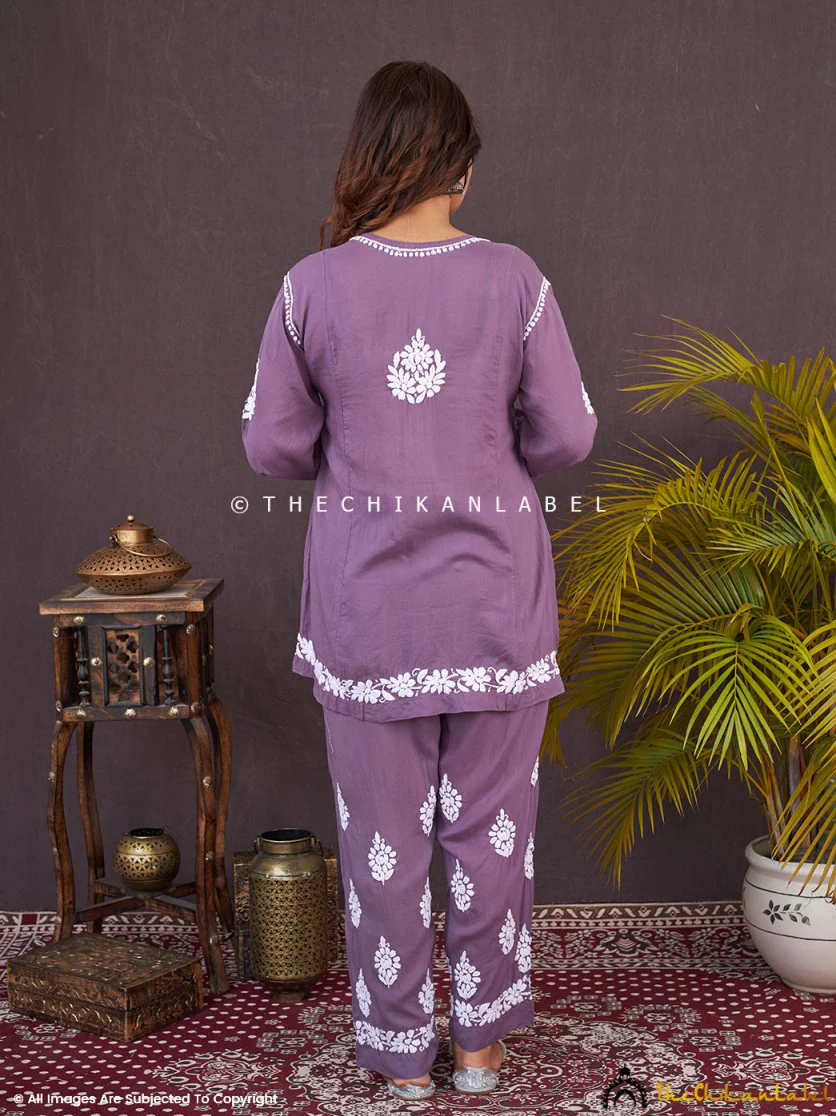 Rosa Modal Chikankari Short Kurta Set-Mauve - Image 3