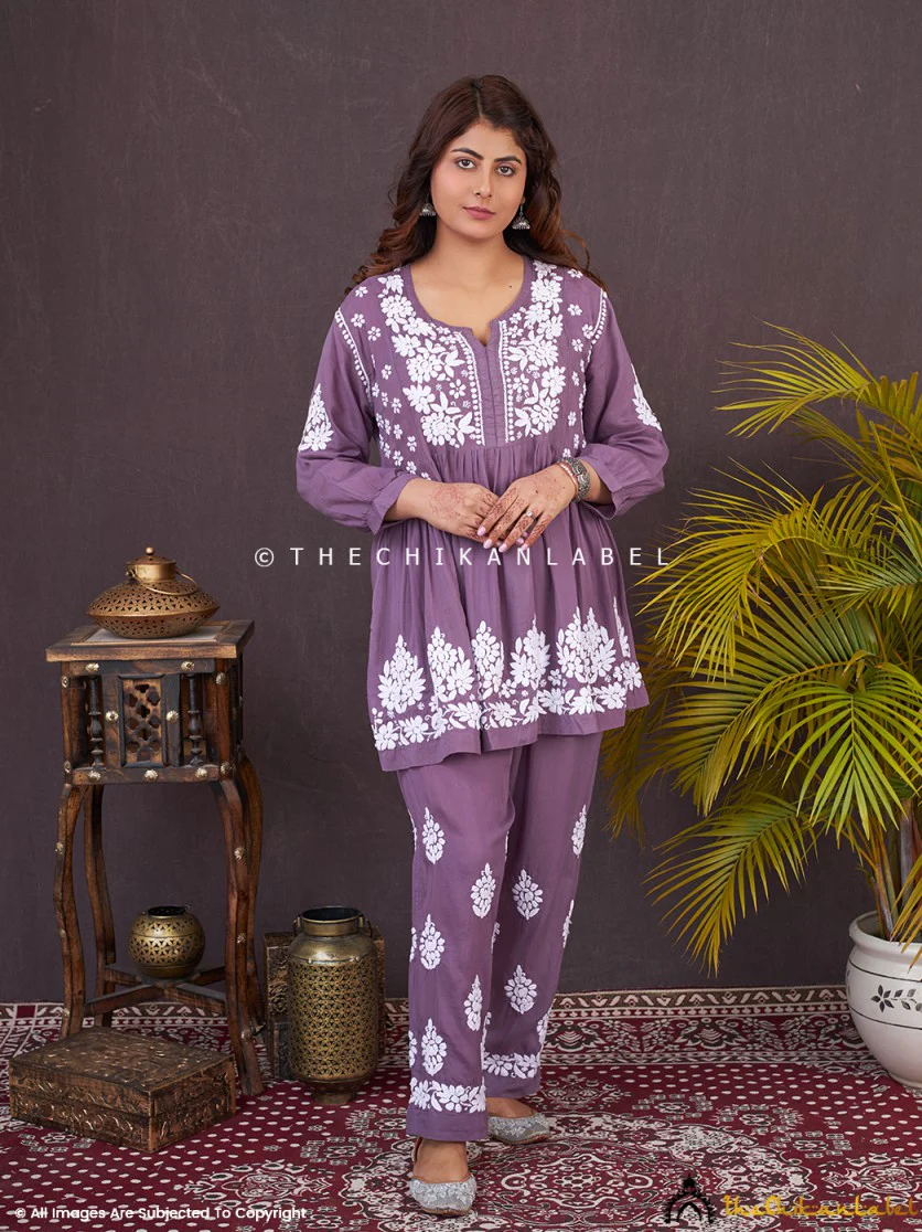 Rosa Modal Chikankari Short Kurta Set-Mauve - Image 4