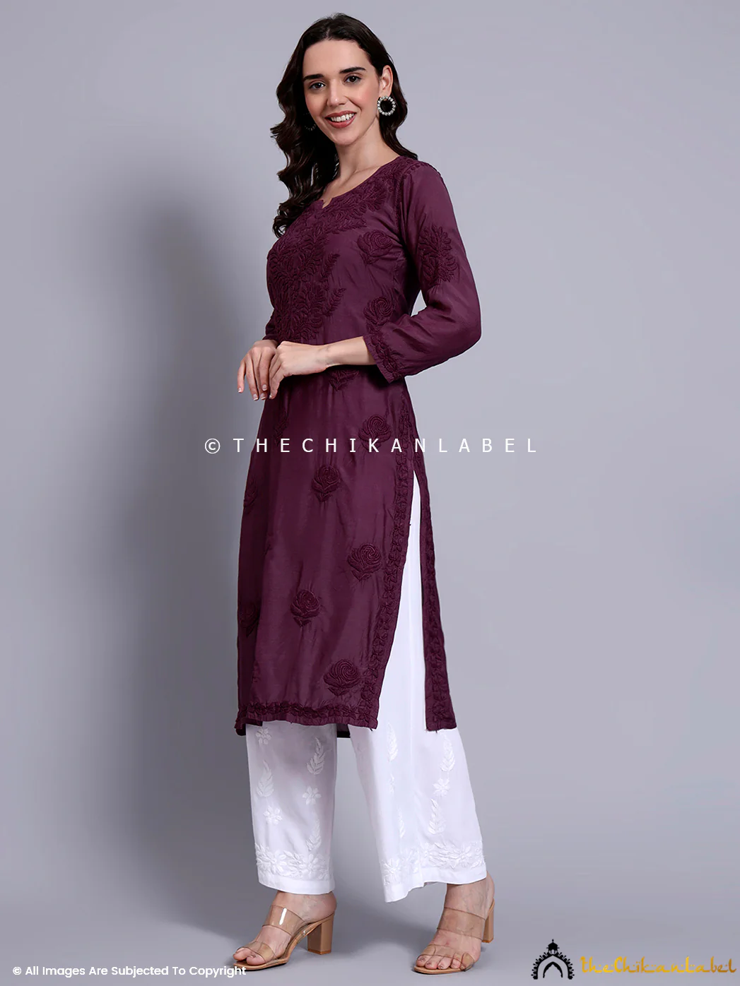 Sama Muslin Chikankari Straight Kurti - Mauve - Image 4