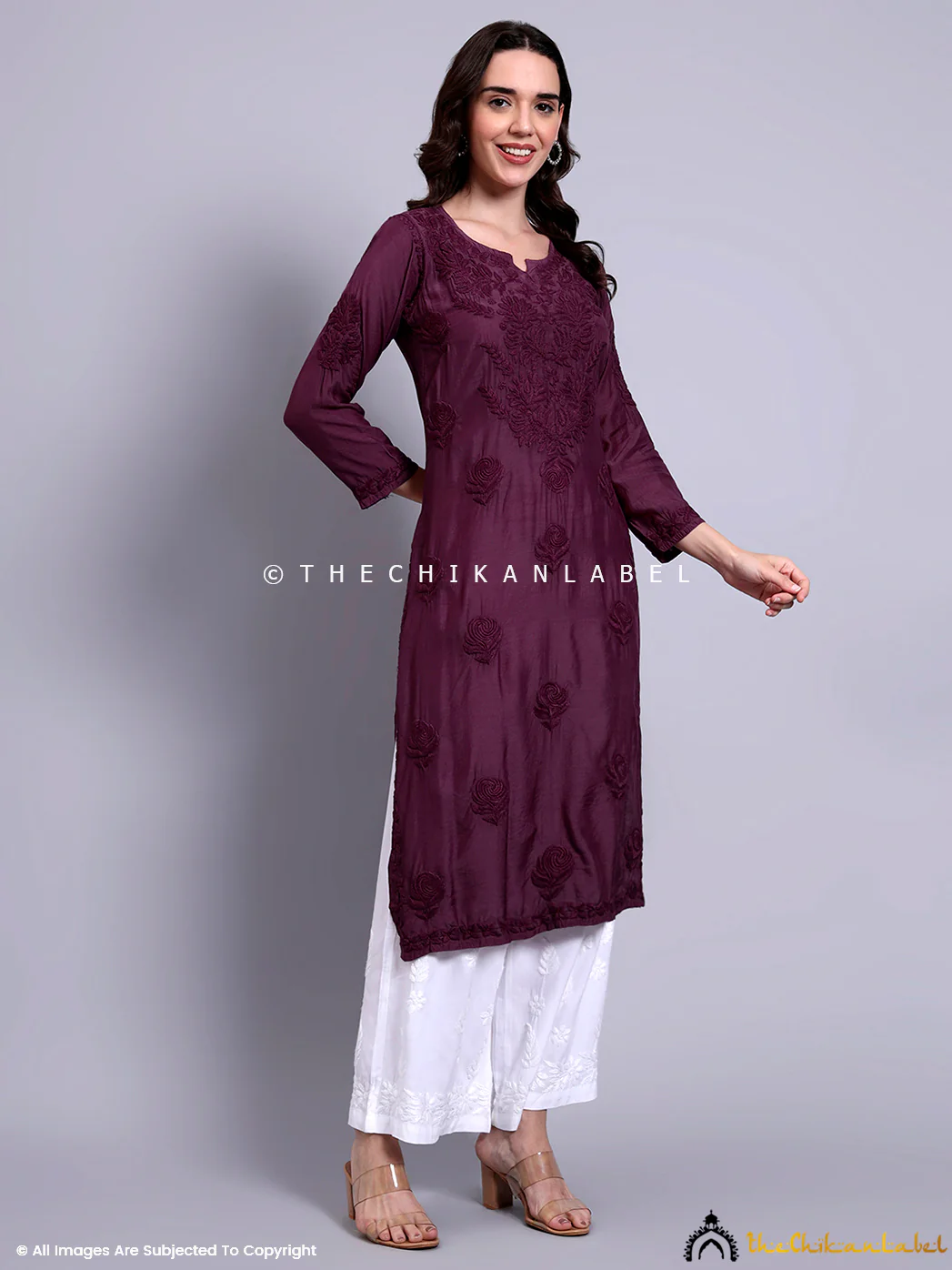 Sama Muslin Chikankari Straight Kurti - Mauve - Image 5