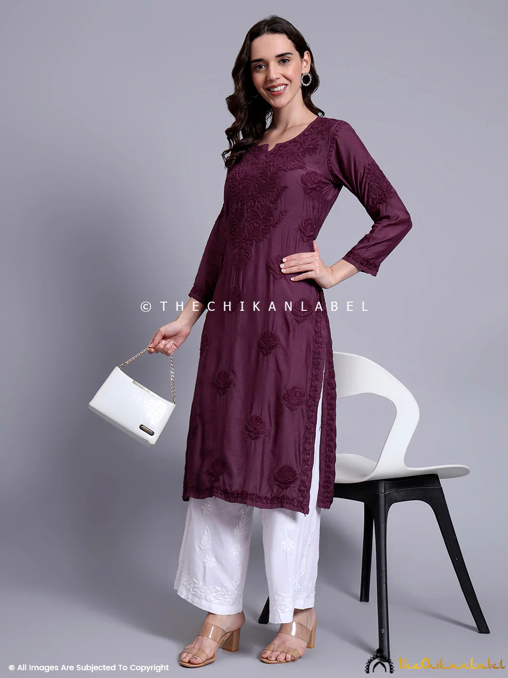 Sama Muslin Chikankari Straight Kurti - Mauve - Image 6