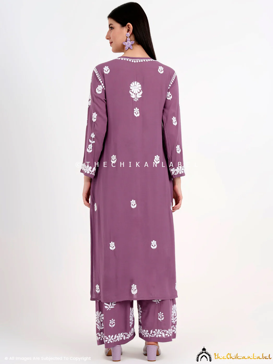 Tazmeen Modal Chikankari Kurti Palazzo Set - Mauve - Image 3