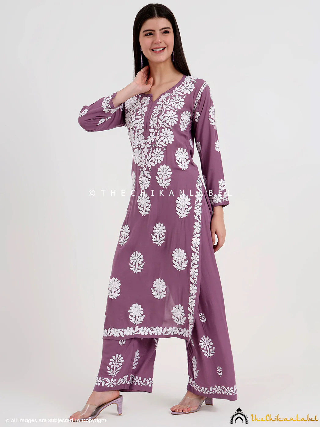 Tazmeen Modal Chikankari Kurti Palazzo Set - Mauve - Image 4
